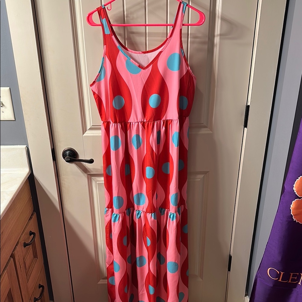 Red and Blue Polka Dot Maxi Dress